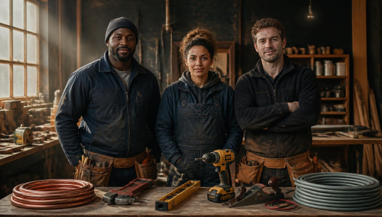 A team of skilled UK tradespeople standing behind a workbench of real tools