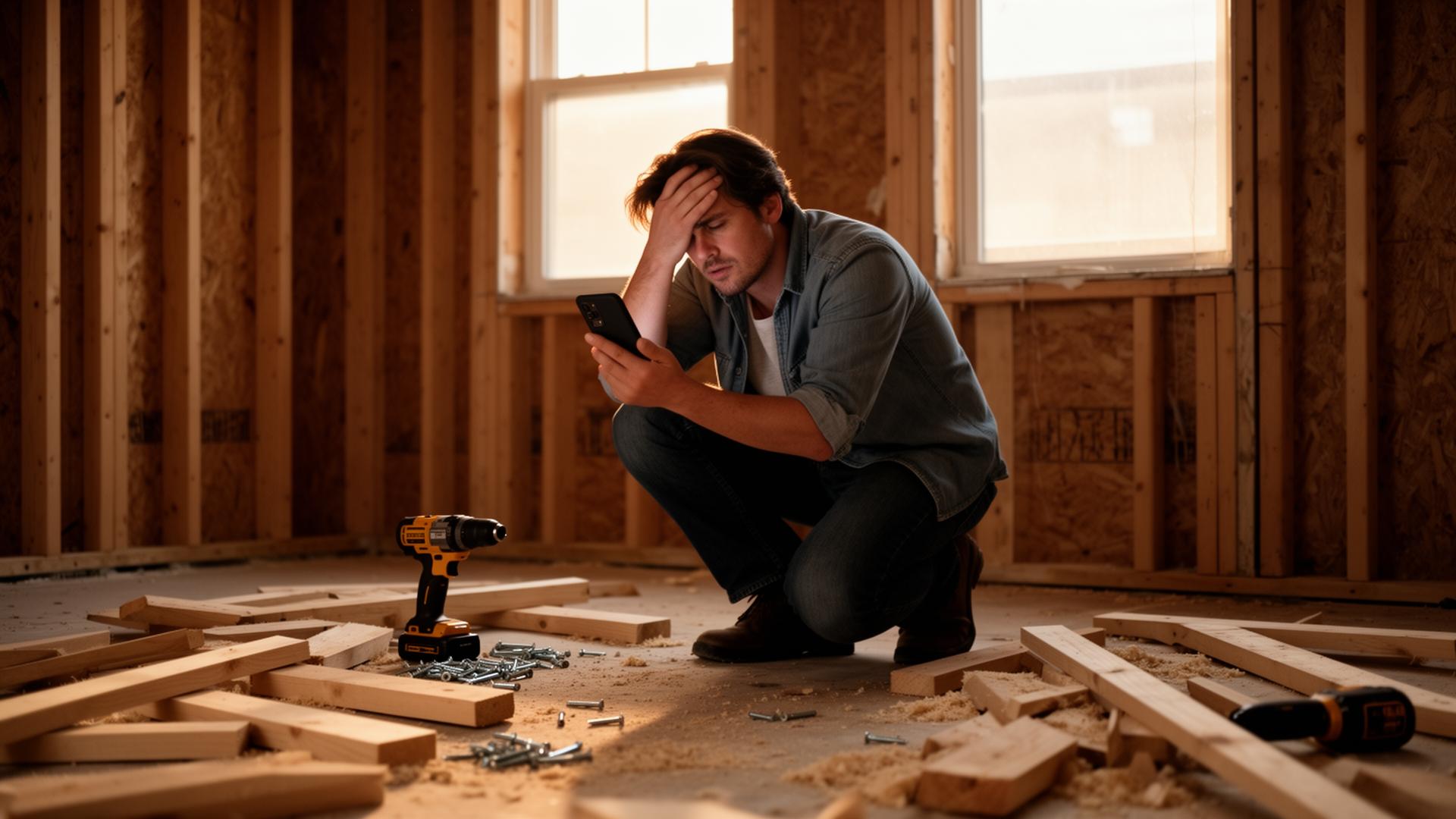 Frustrated DIYer staring at an unfinished timber stud wall